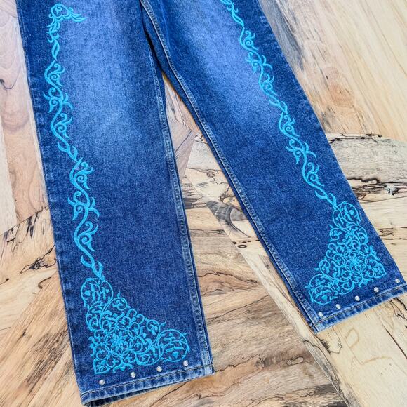 Cruel Girl, Women's 15, Low Rise Relaxed Fit Studded Turquoise Embroidered Jeans - Picture 2 of 13